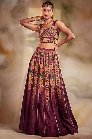 plum pleated embroidered lehenga