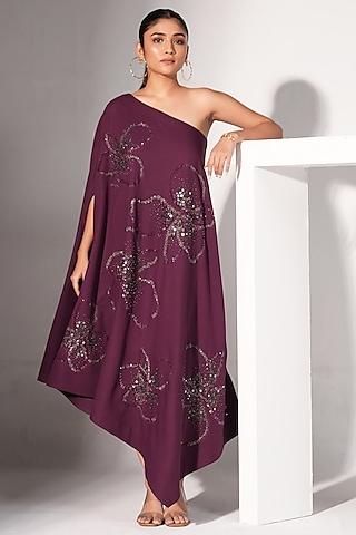 plum poly crepe floral embroidered asymmetrical one-shoulder dress