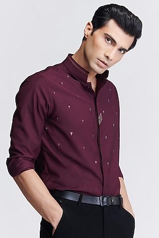 plum poly viscose suiting crystal embellished shirt