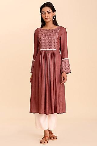 plum printed kurta with powder pink pants