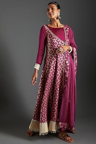 plum purple brocade & satin silk printed angrakha anarkali set