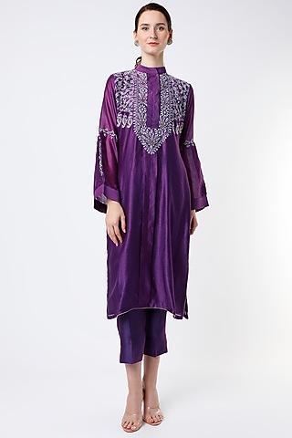 plum purple embroidered straight kurta set