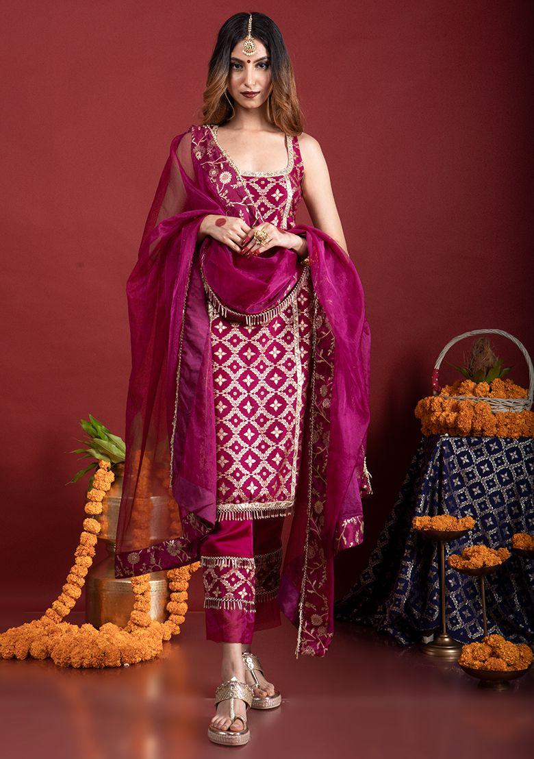 plum purple floral pattern brocade kurta set