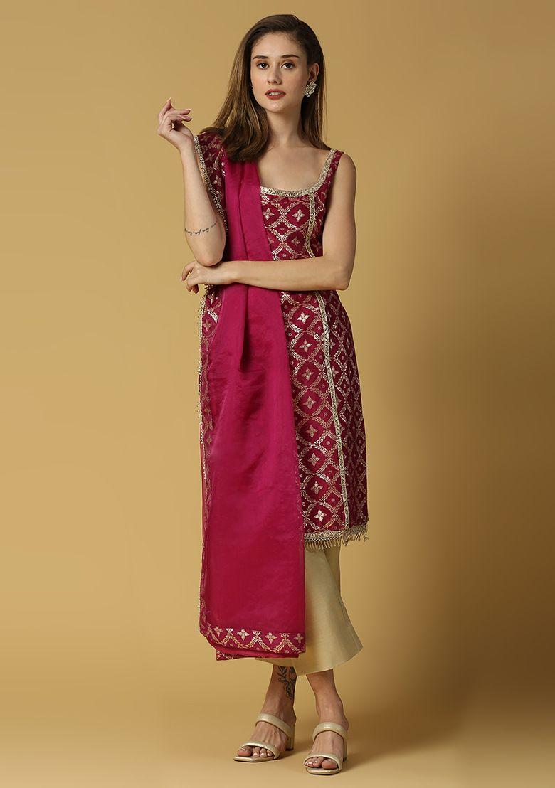 plum purple floral woven brocade radha kurta set