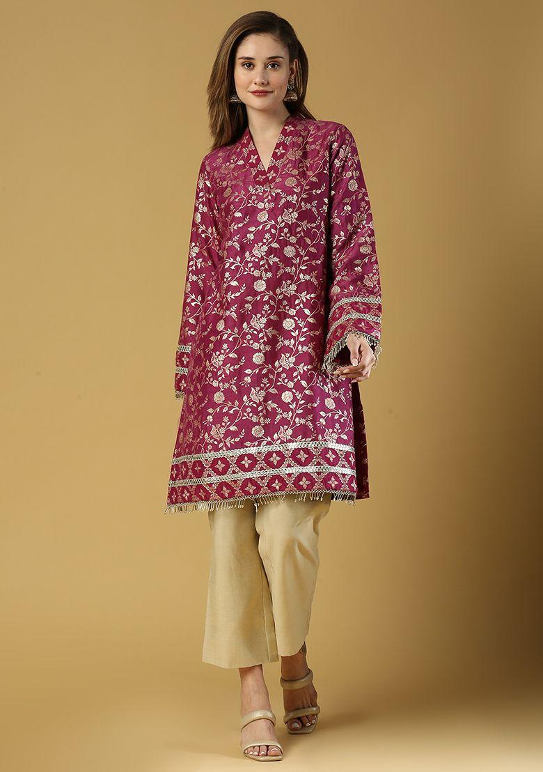 plum purple floral woven kavya pakistani kurta set