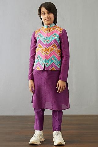 plum purple kurta set with bandi jacket