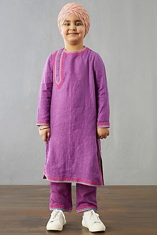 plum purple linen kurta set for boys