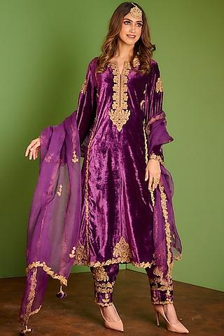 plum purple machine & hand embroidered kurta set