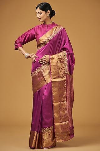 plum purple silk floral embroidered saree set