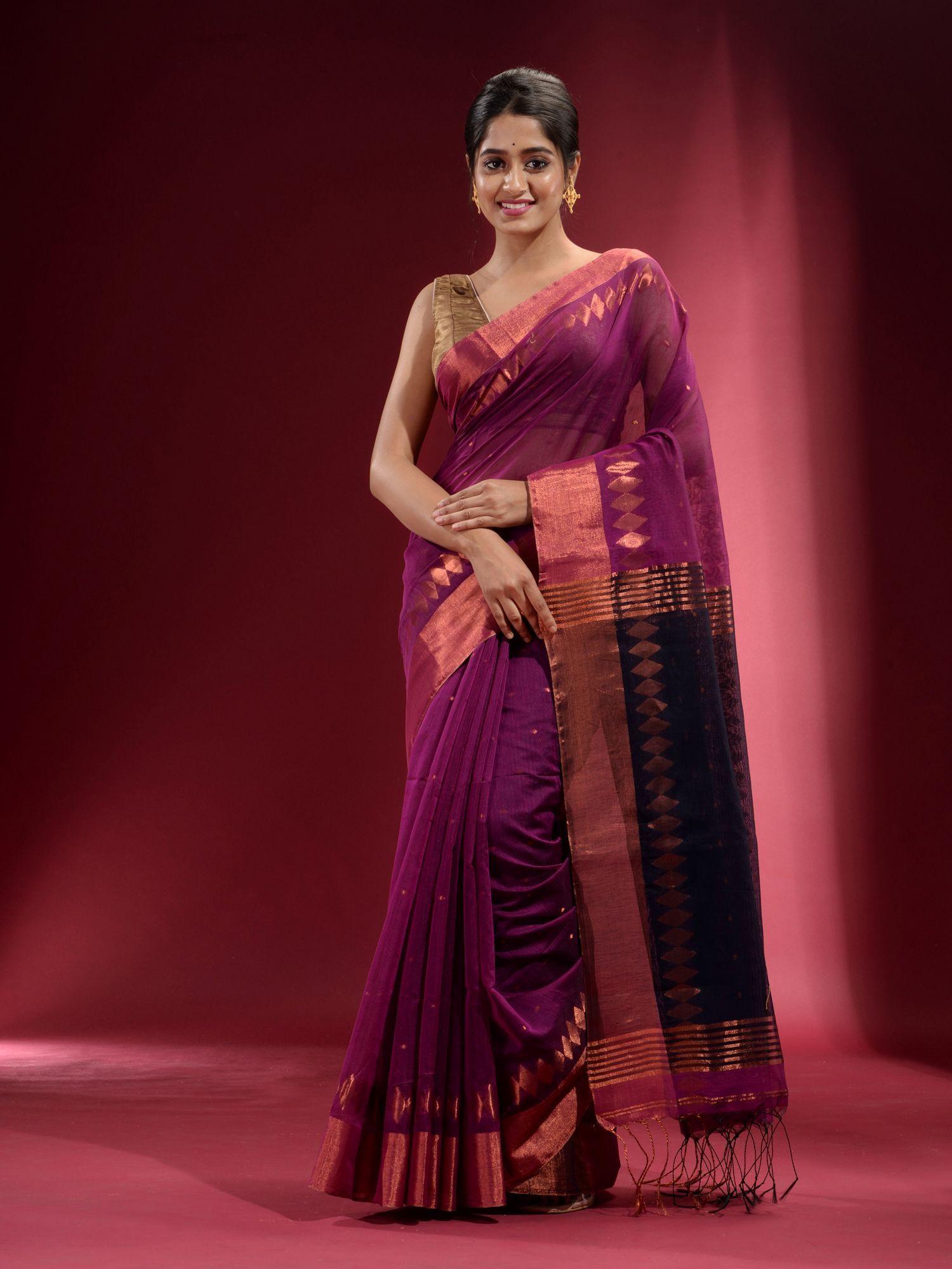 plum purple with geometric pattern saree with unstitched blouse