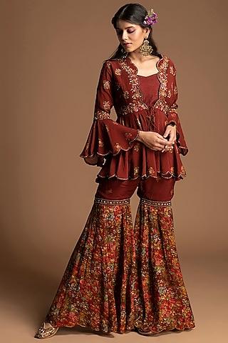 plum red embroidered gharara set