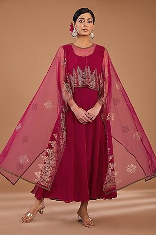 plum red georgette & net embellished layered cape dress