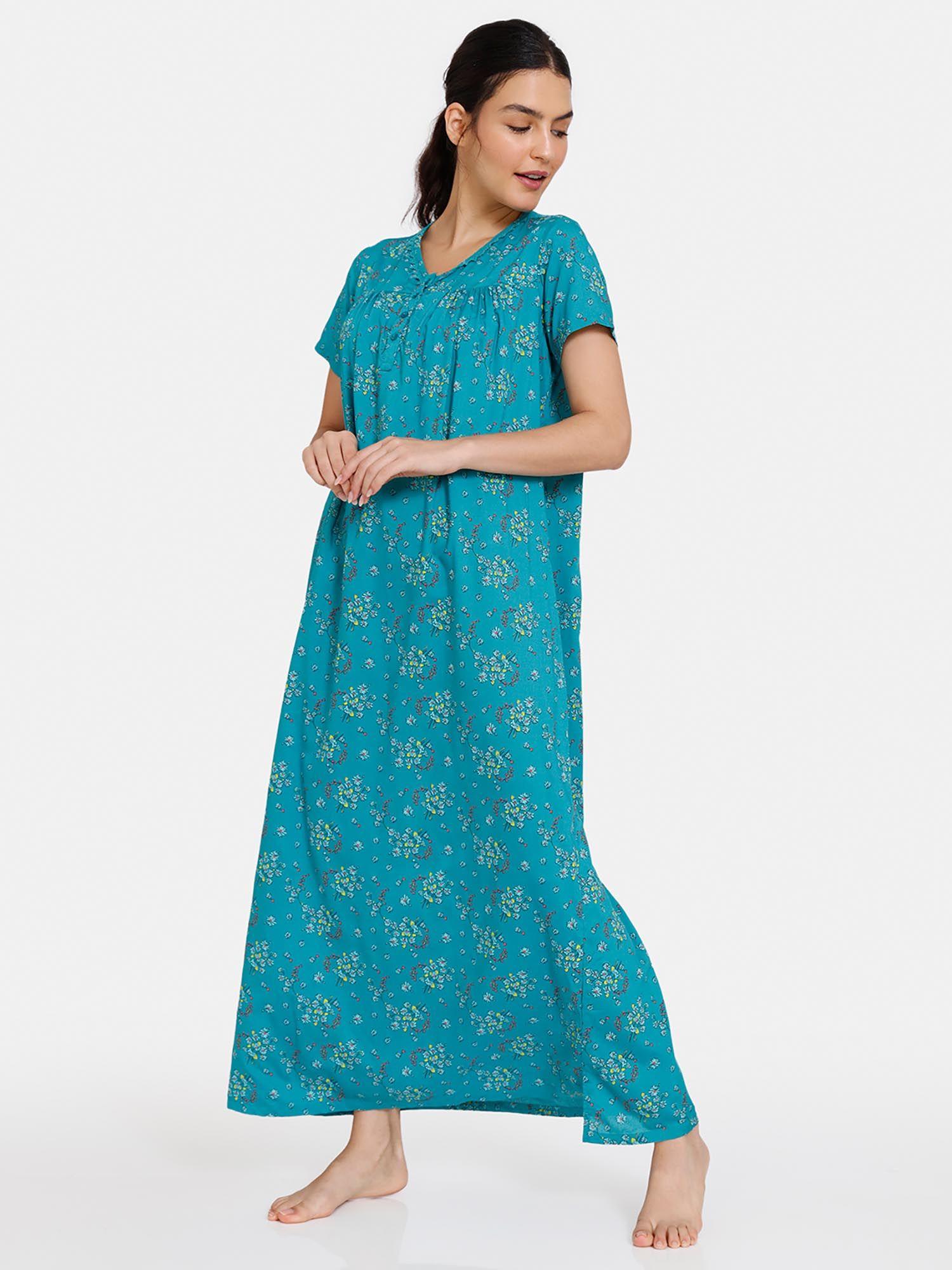 plum romance woven full length nightdress - lapis - green