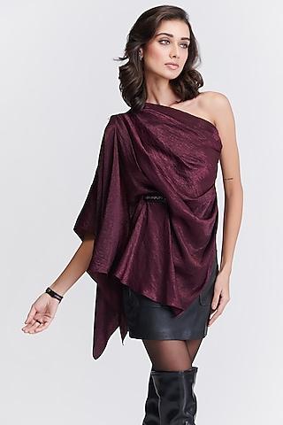 plum sandwash satin one-shoulder draped top