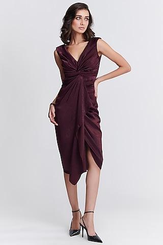 plum sandwash satin twisted drape dress