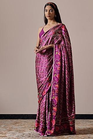 plum satin floral printed saree set