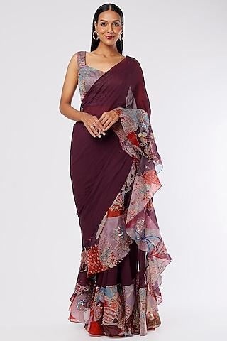 plum satin organza printed & embellished ruffled saree set