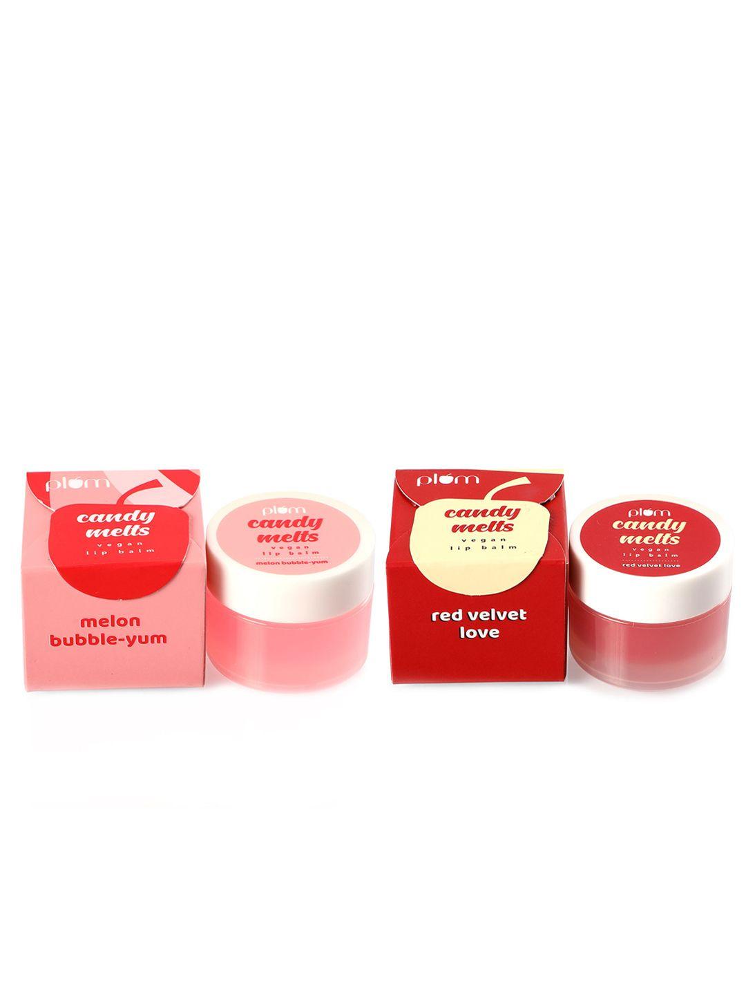 plum set of 2 candy melts vegan lip balm 12g each - red velvet love & melon bubble yum