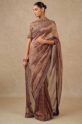 plum silk tissue ikat printed saree set