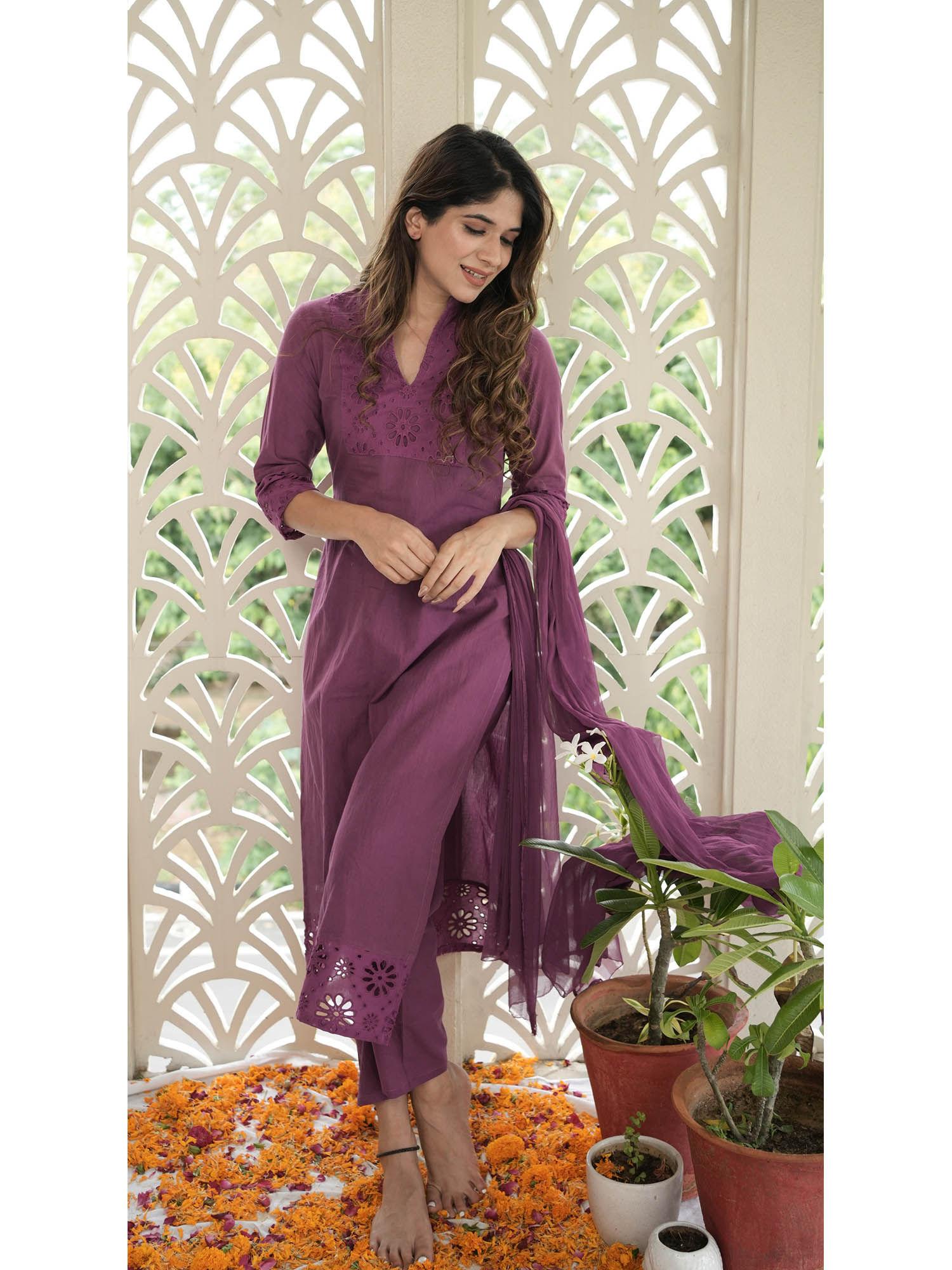 plum solid purple kurta with pant & dupatta (set of 3)