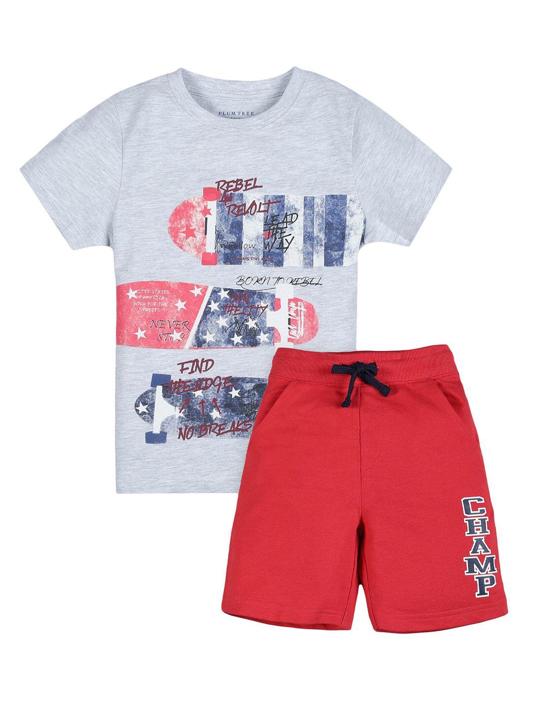 plum tree boys grey & red printed pure cotton t-shirt with shorts