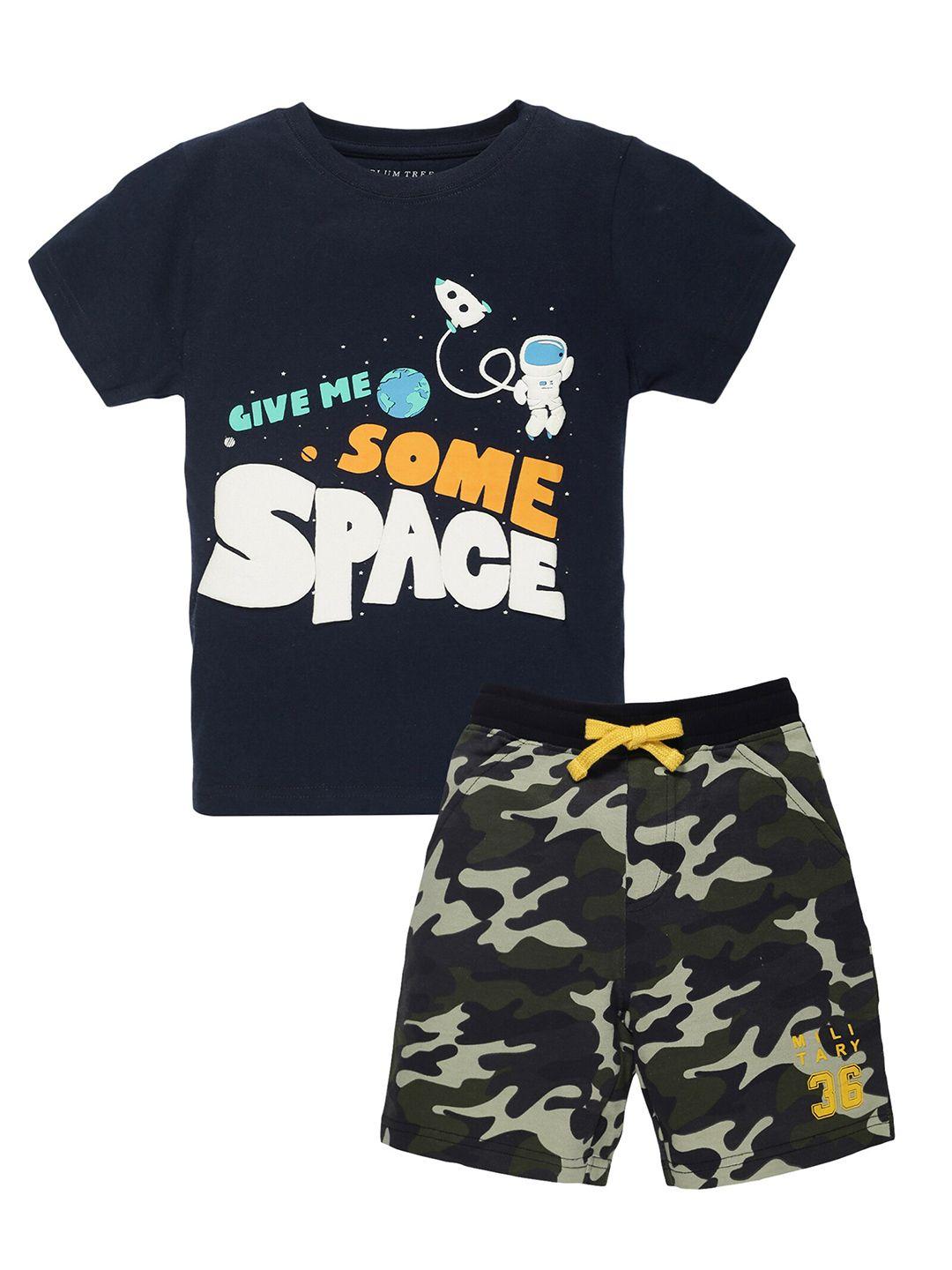 plum tree boys navy blue & olive green printed pure cotton t-shirt with shorts