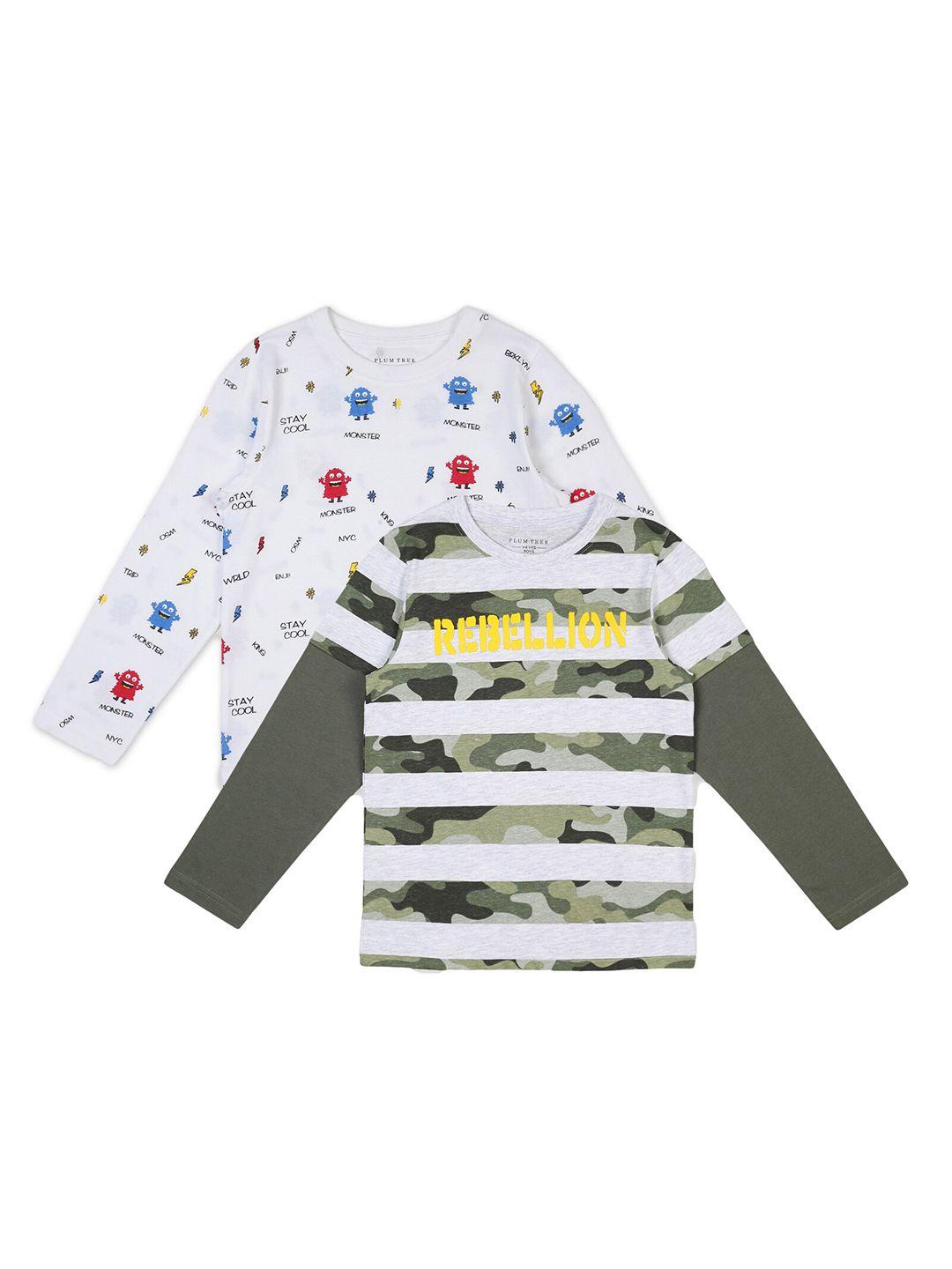 plum tree boys pack-2 off white  olive green printed pure cotton t-shirt