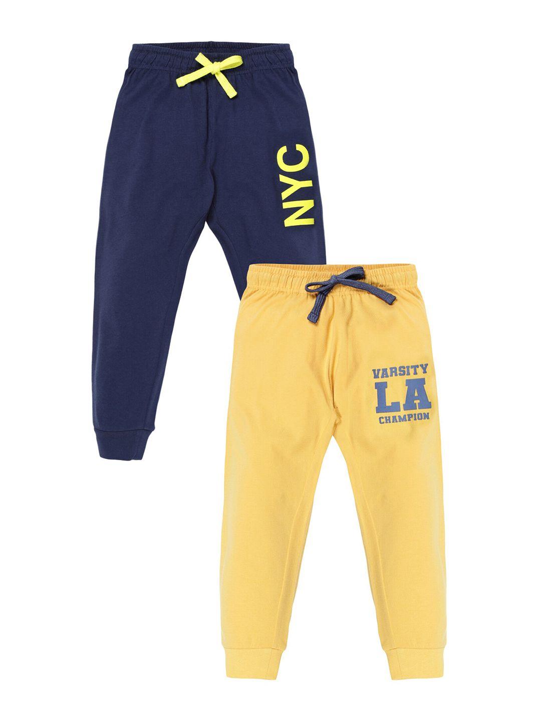 plum tree boys pack of 2 yellow & navy blue printed track pants