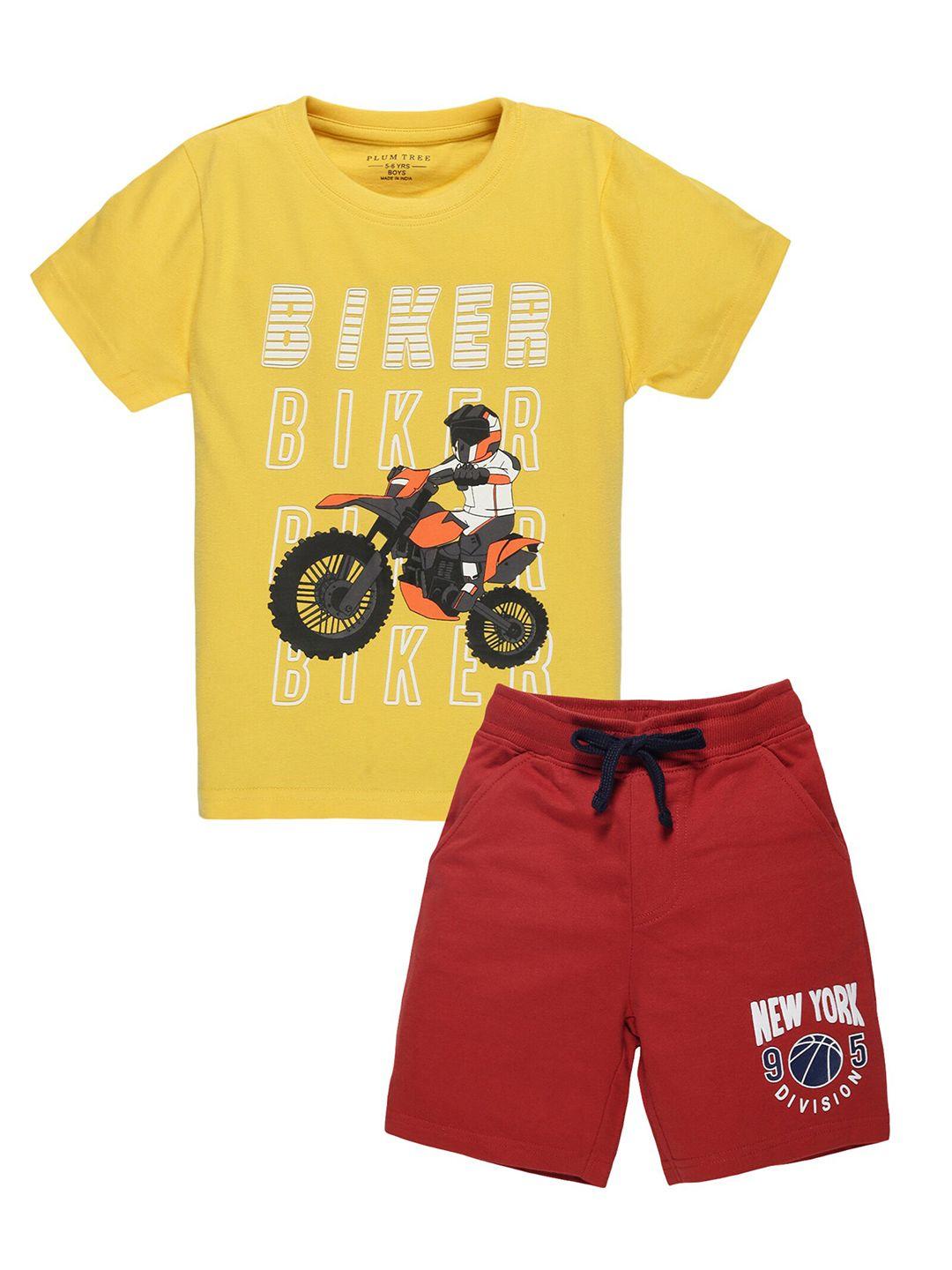 plum tree boys yellow & rust biker printed pure cotton t-shirt with shorts