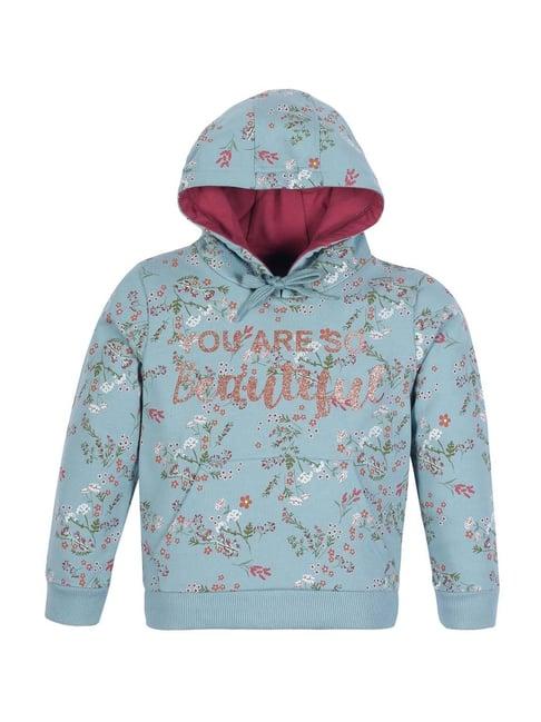 plum tree kids blue & pink cotton floral print full sleeves hoodie