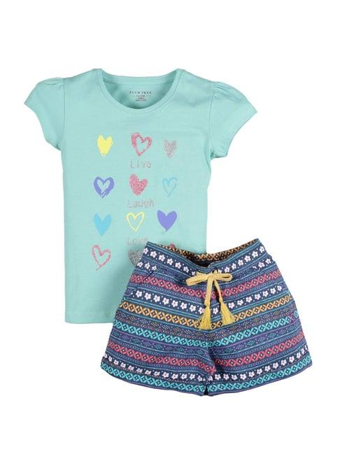 plum tree kids green & navy printed top with shorts