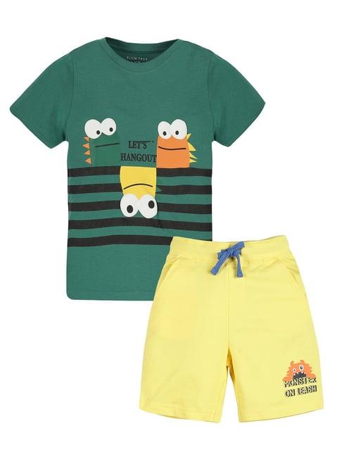 plum tree kids green & yellow printed t-shirt with shorts