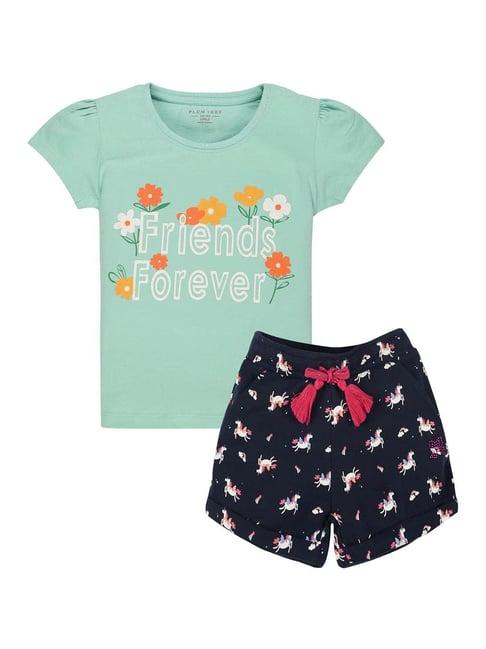 plum tree kids mint green & navy printed t-shirt with shorts