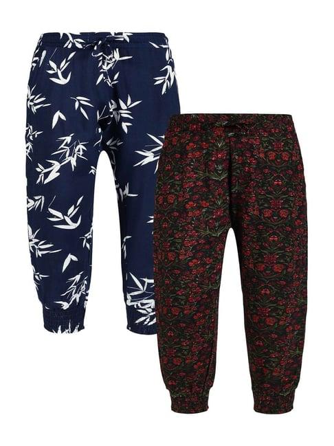 plum tree kids navy & black floral print pants (pack of 2)