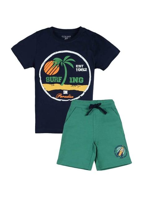 plum tree kids navy & green printed t-shirt with shorts