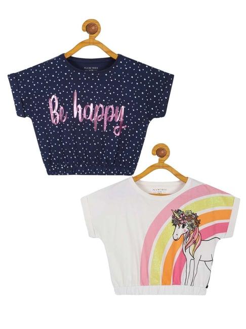 plum tree kids navy & white cotton printed crop top (pack of 2)