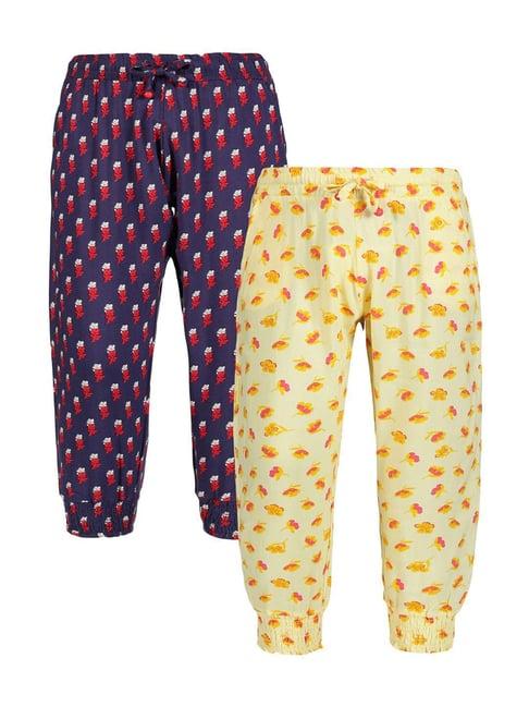 plum tree kids navy & yellow printed pants (pack of 2)