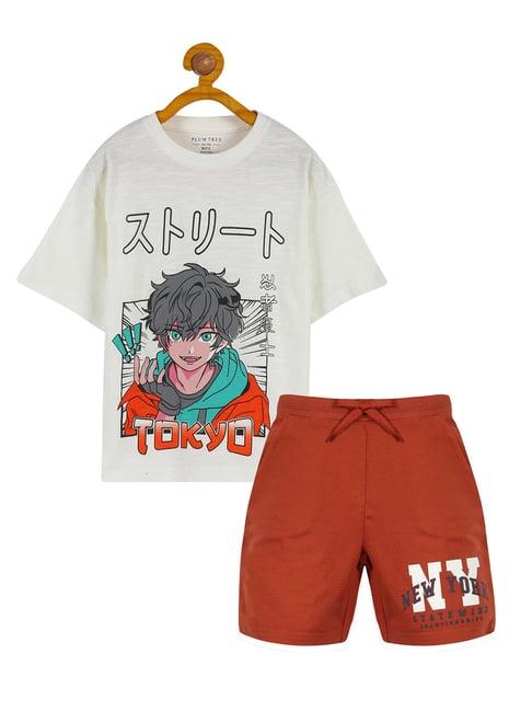 plum tree kids off white & rust printed t-shirt with shorts