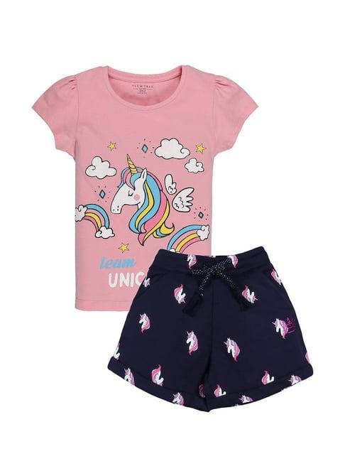 plum tree kids pink & navy printed t-shirt with shorts