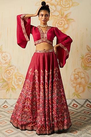 plum tussar embroidered lehenga set