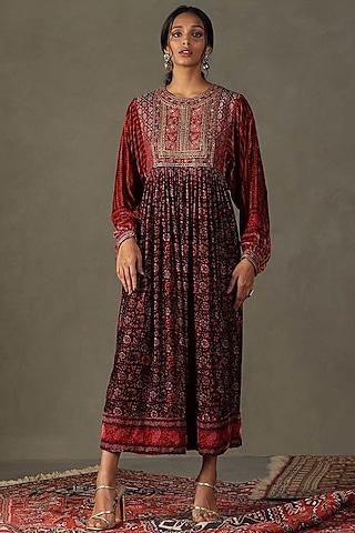 plum velvet floral printed & zardosi embroidered maxi dress