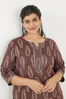 plus size embroidered rayon round neck women's casual wear kurta - brown