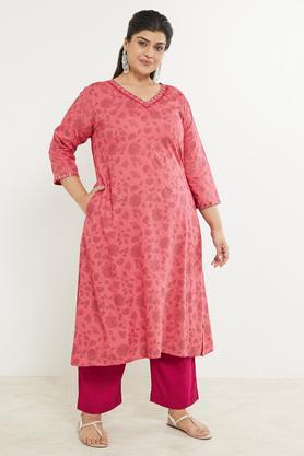 plus size embroidered rayon v-neck women's festive wear kurta - peach