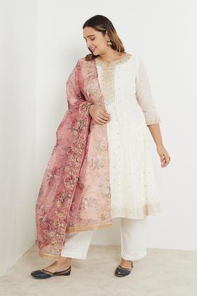 plus size embroidered viscose woven women's kurta set - off white