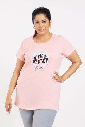 plus size graphic cotton round neck women's t-shirt - light pink