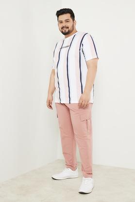 plus size solid cotton blend ankle length men's jogger with cut and sew panel - blush