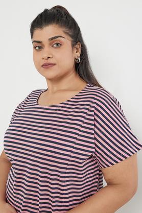 plus size stripes cotton blend round neck women's t-shirt - pink