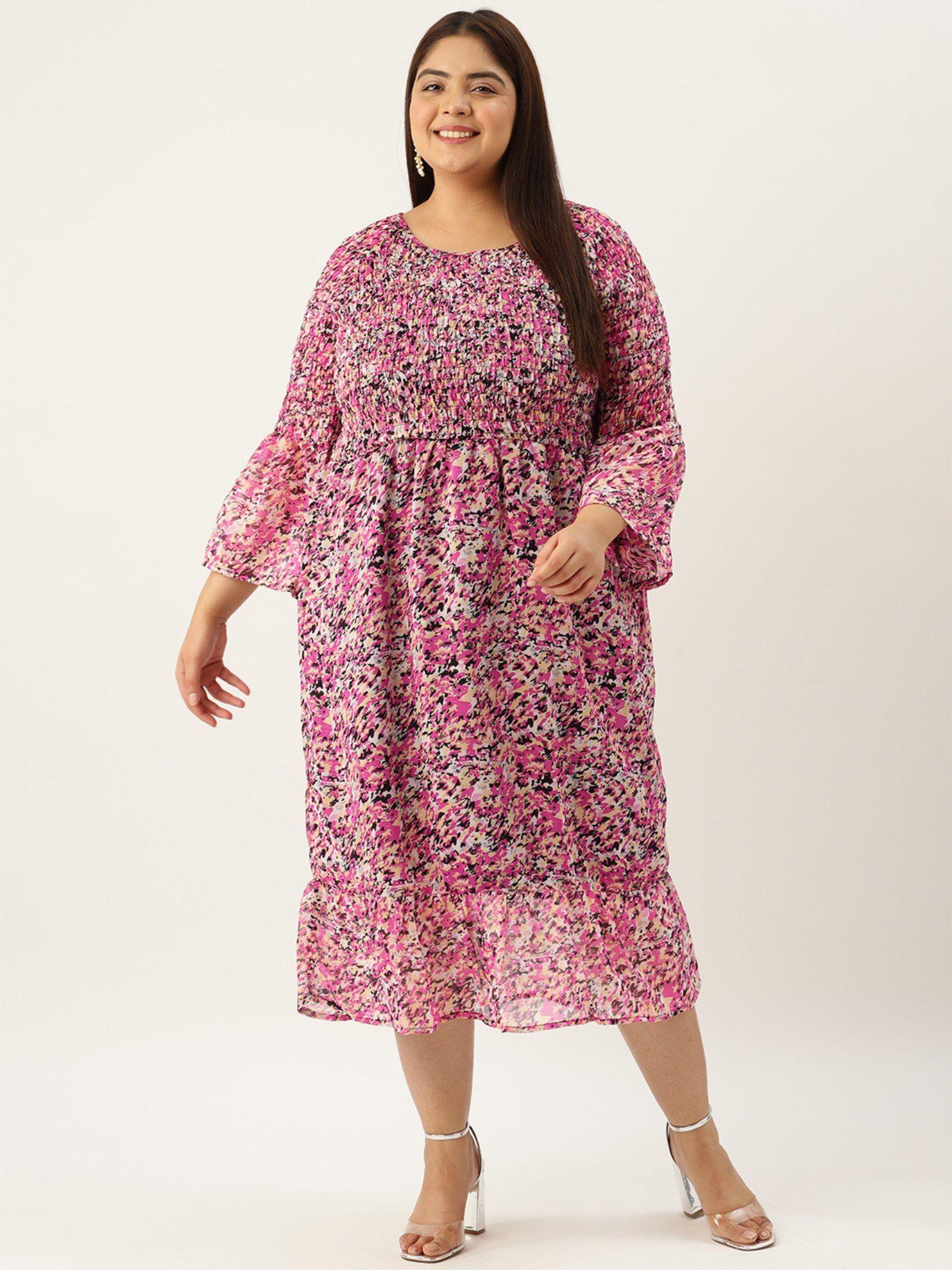 plus size women's pink abstract printed georgette a-line midi dress