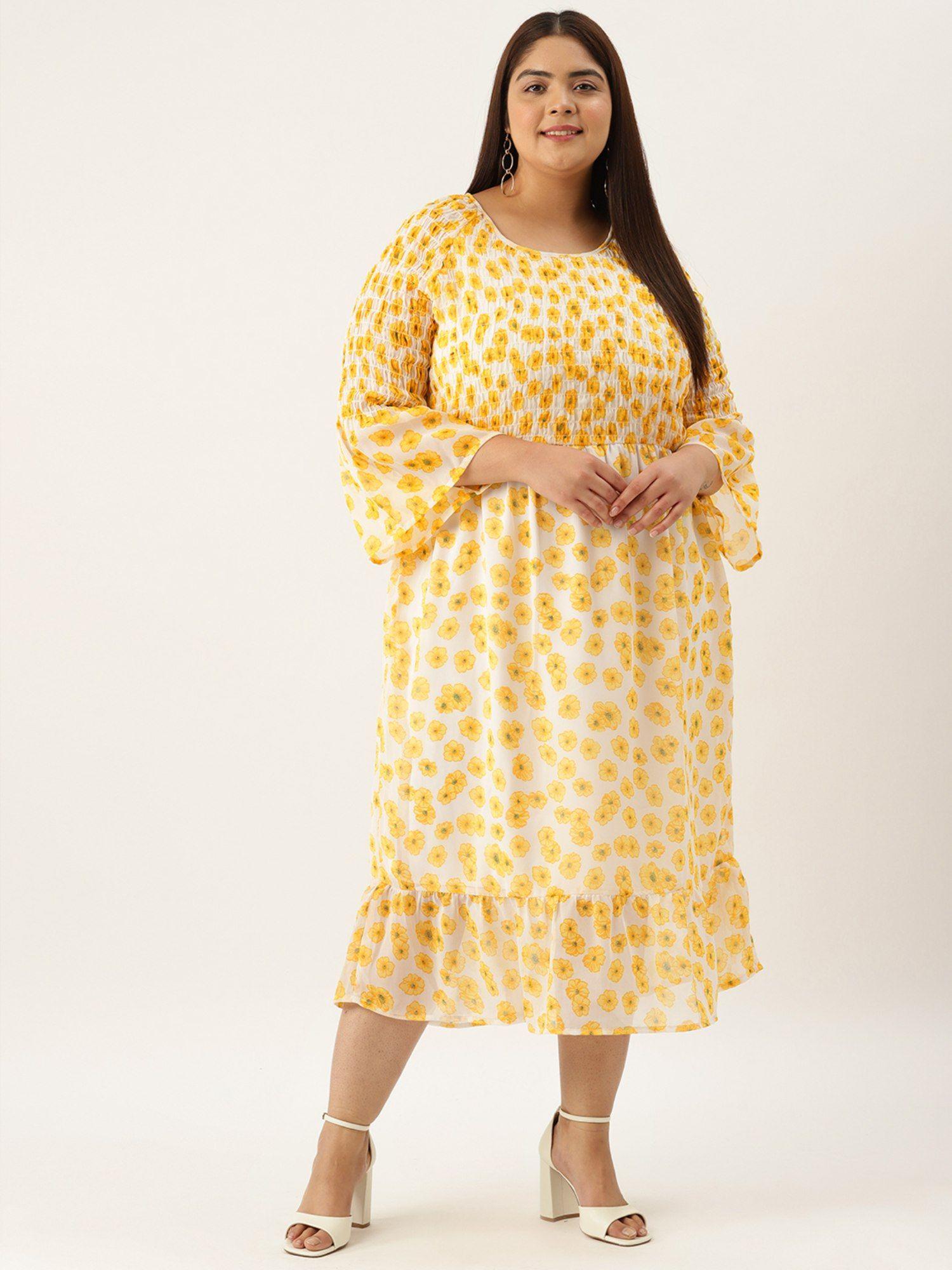 plus size women's yellow floral printed georgette a-line midi dress