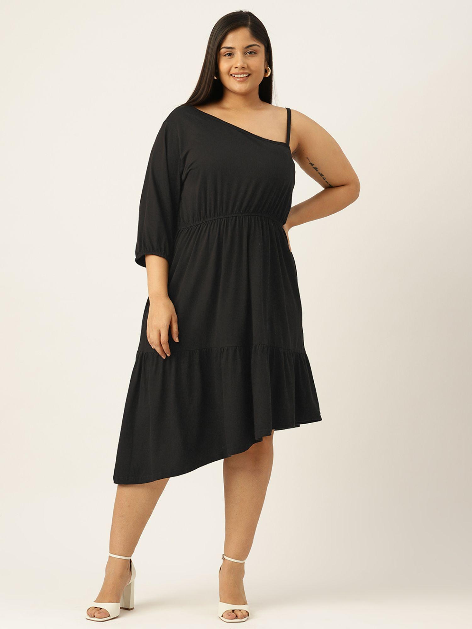 plus-size-womens-black-solid-one-shoulder-knitted-dress